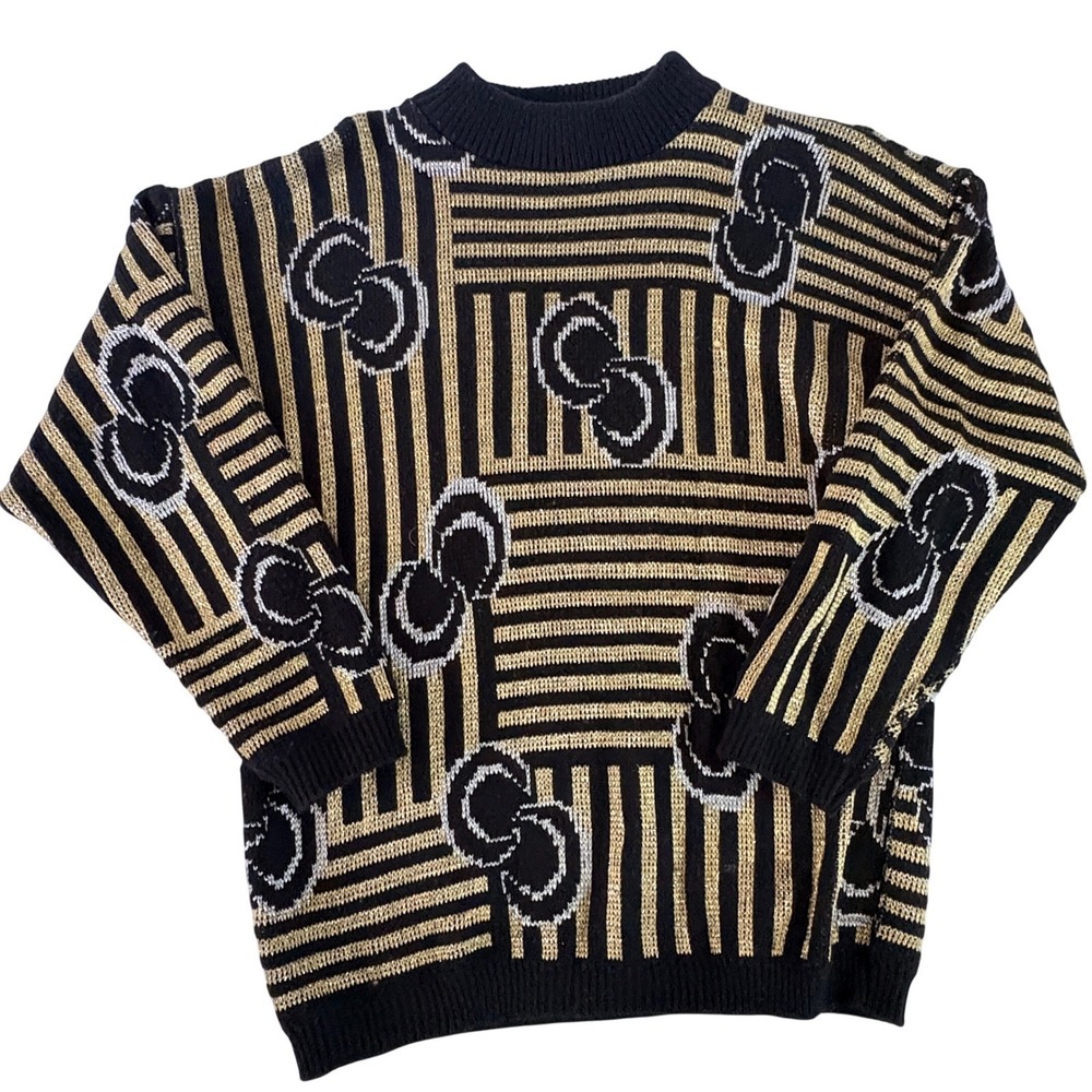 Kate Collins Geometric Metallic Sweater Womens Large Black Gold Silver Vintage